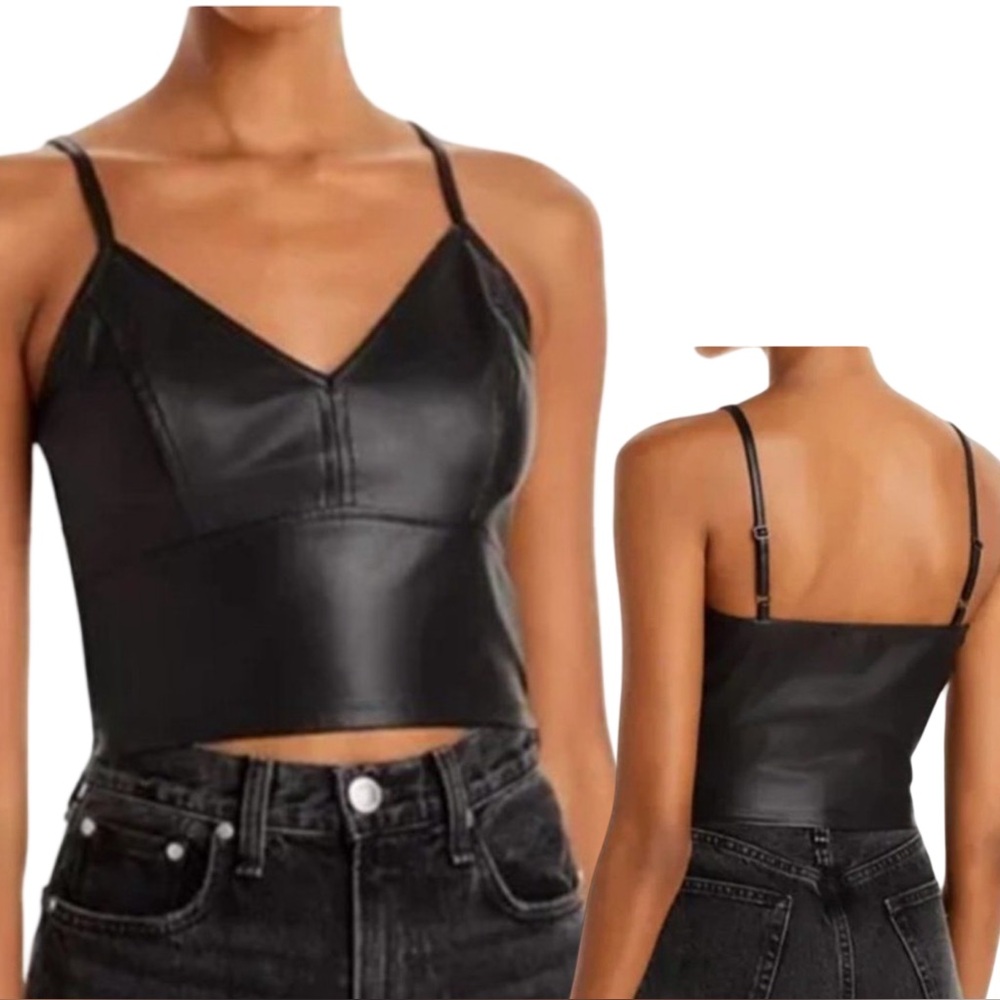 NWT!! AQUA Faux Leather Cropped Tank Top V-neck - Black - Size M
